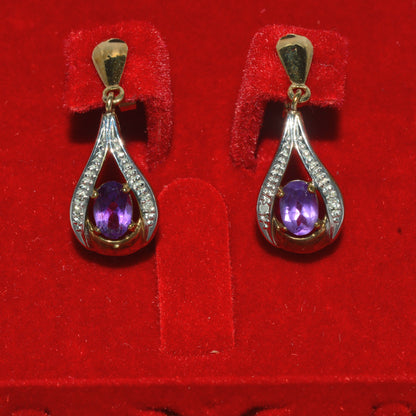 9ct Gold - Amethyst & Diamond Earrings front