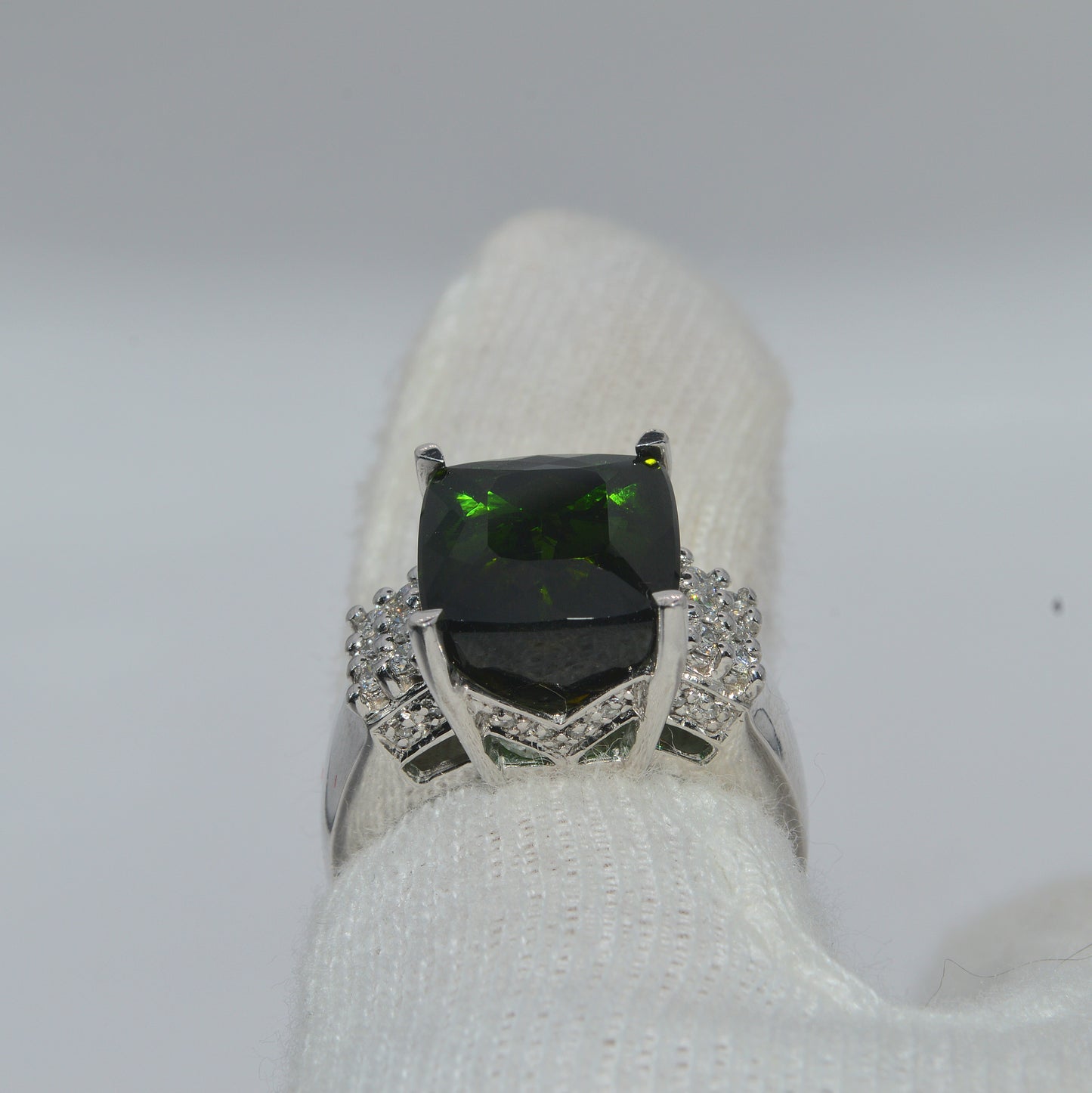 18ct White Gold - Large Tourmaline & Diamond Cocktail Ring finger rear