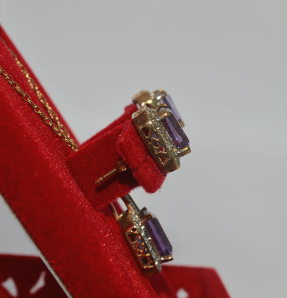 9ct Gold - Amethyst & Diamond Earring & Necklace Set side on