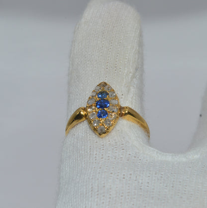 19th Century - 18ct Gold Sapphire & Diamond Navette Ring finger rear on