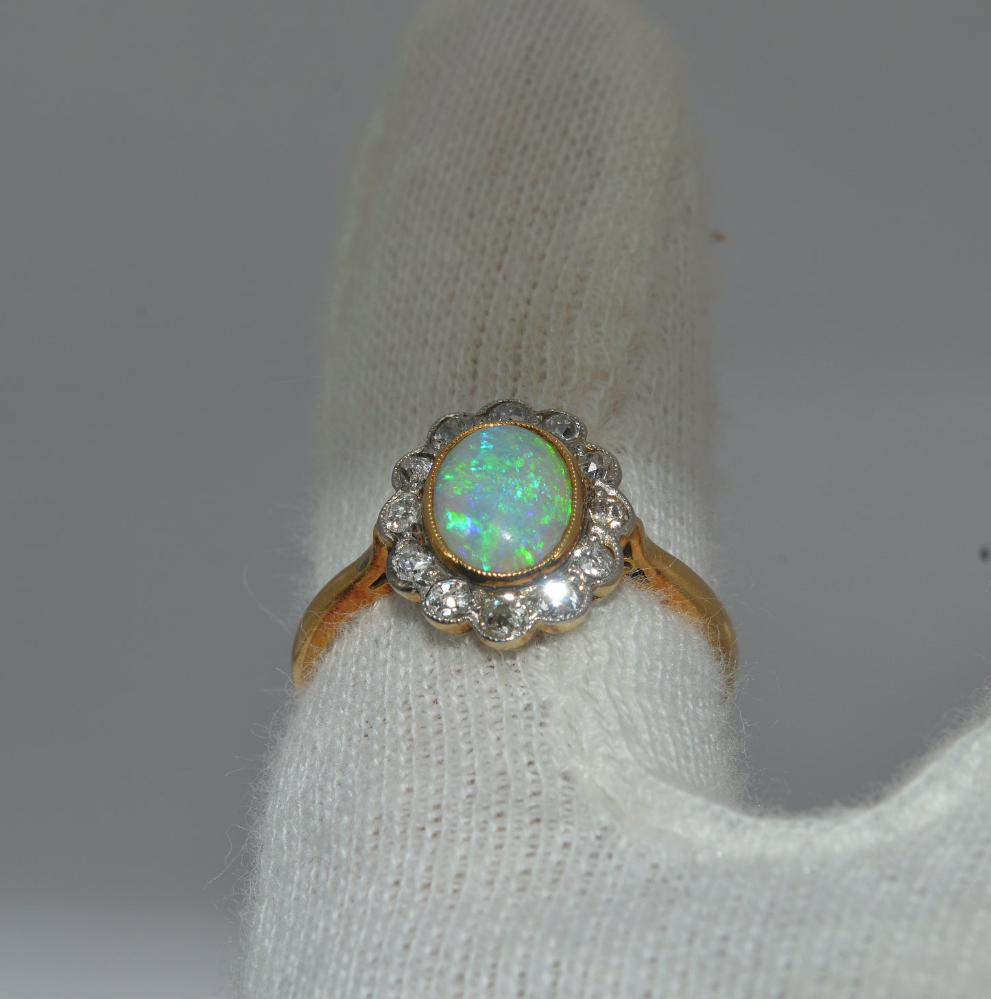 19th Century - 18ct Gold Opal & Diamond Cluster Ring finger engled back