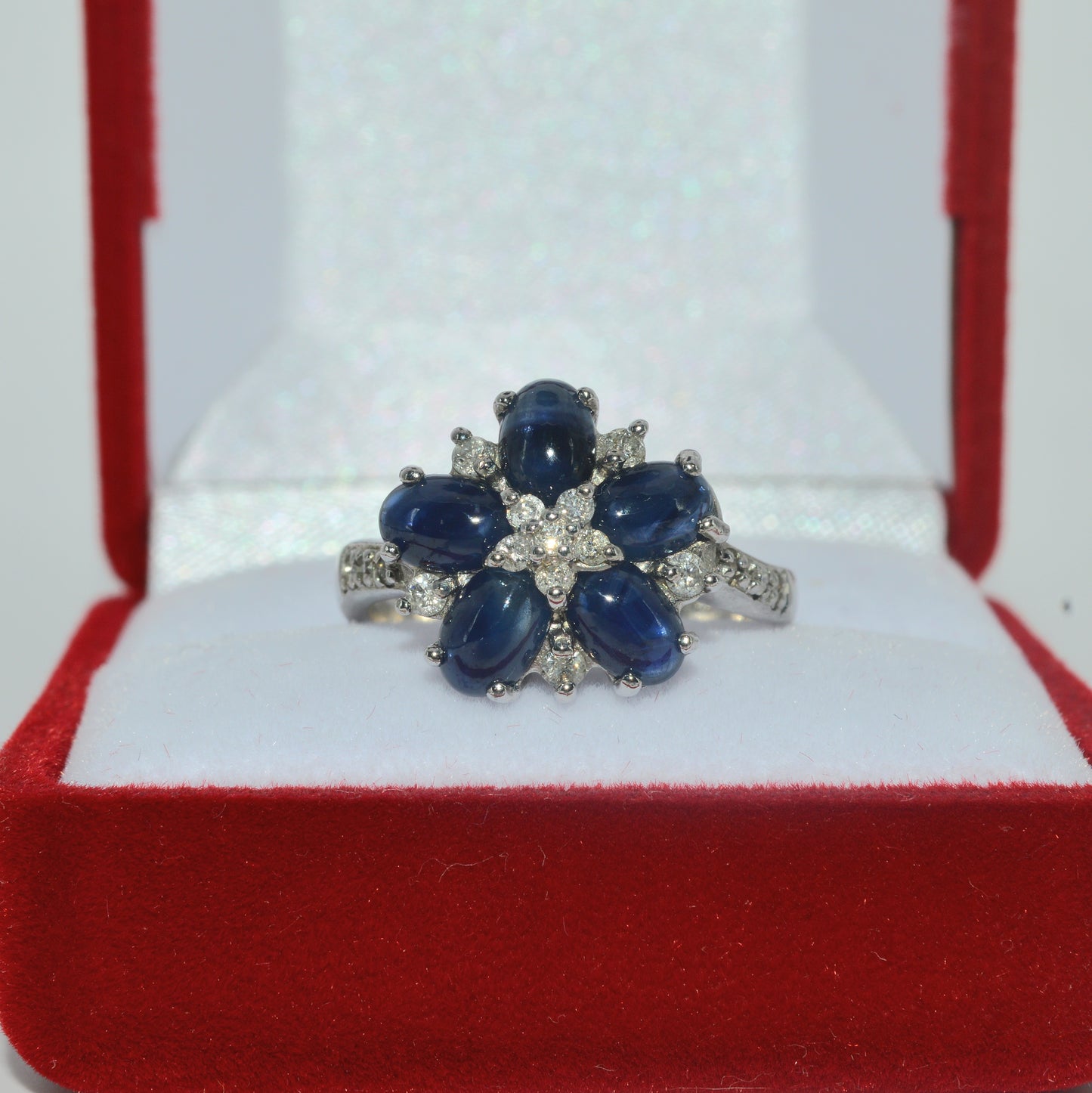 2005 - 9ct White Gold - Sapphire Cabochon & Diamond Cluster Ring front