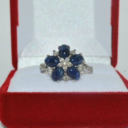 2005 - 9ct White Gold - Sapphire Cabochon & Diamond Cluster Ring front