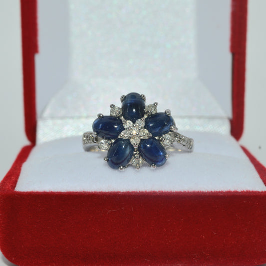 2005 - 9ct White Gold - Sapphire Cabochon & Diamond Cluster Ring front