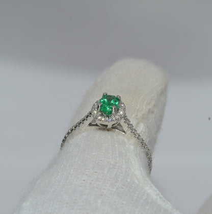 Platinum - Emerald & Diamond Cluster Engagement Ring finger rear