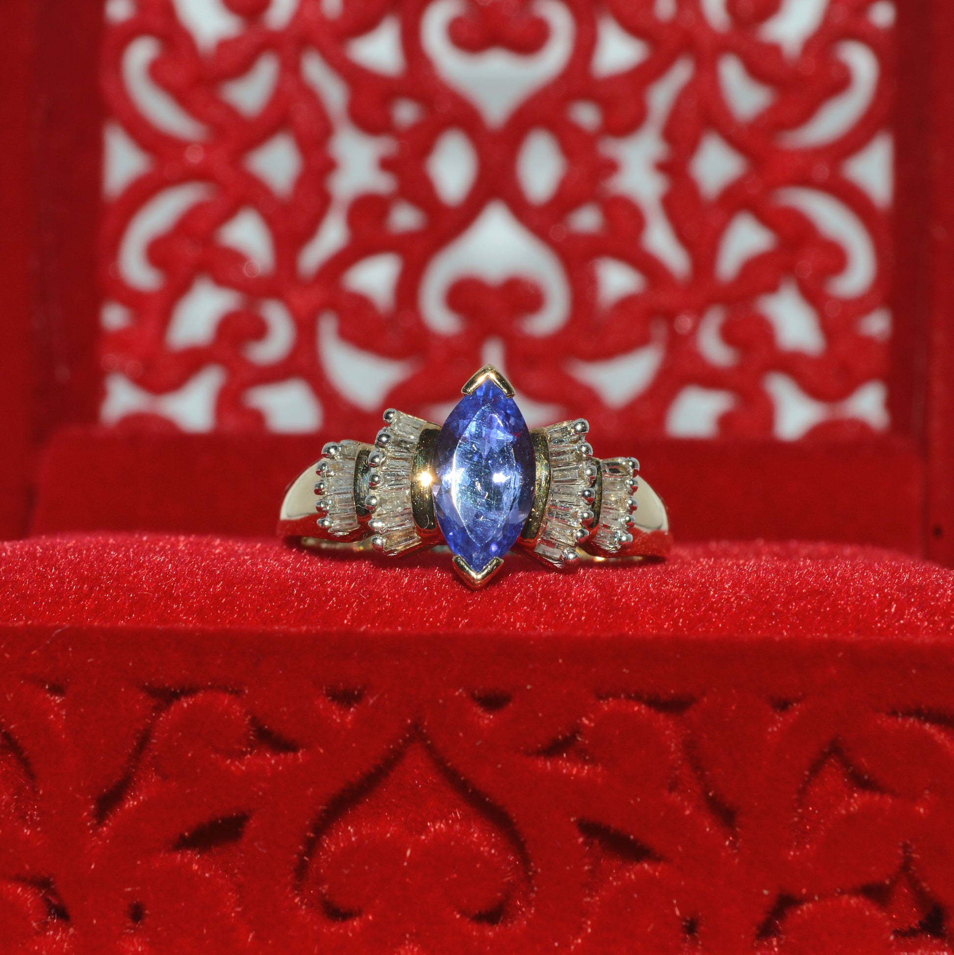 9ct Gold - Marquise Cut Tanzanite & Baguette Diamond Ring front