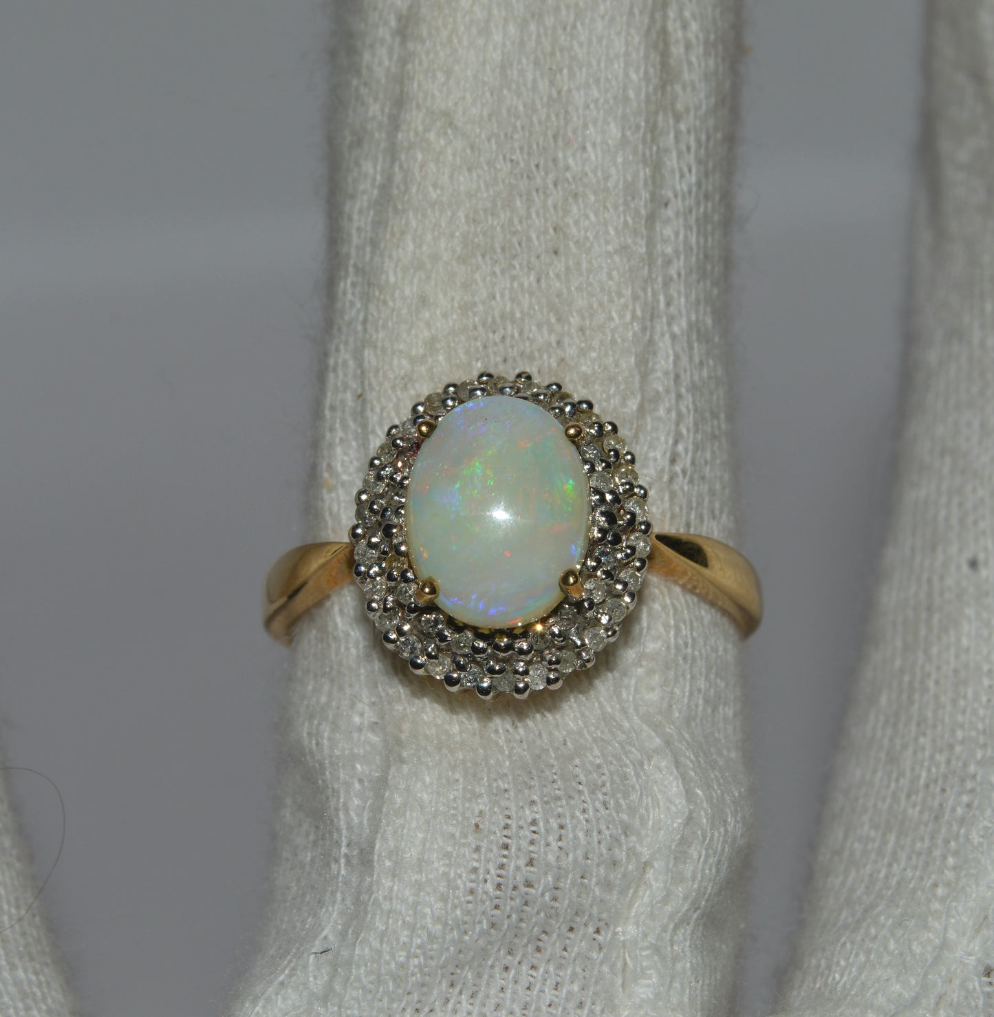 9ct Gold - Opal & Double Row Diamond Cluster Ring finger top down