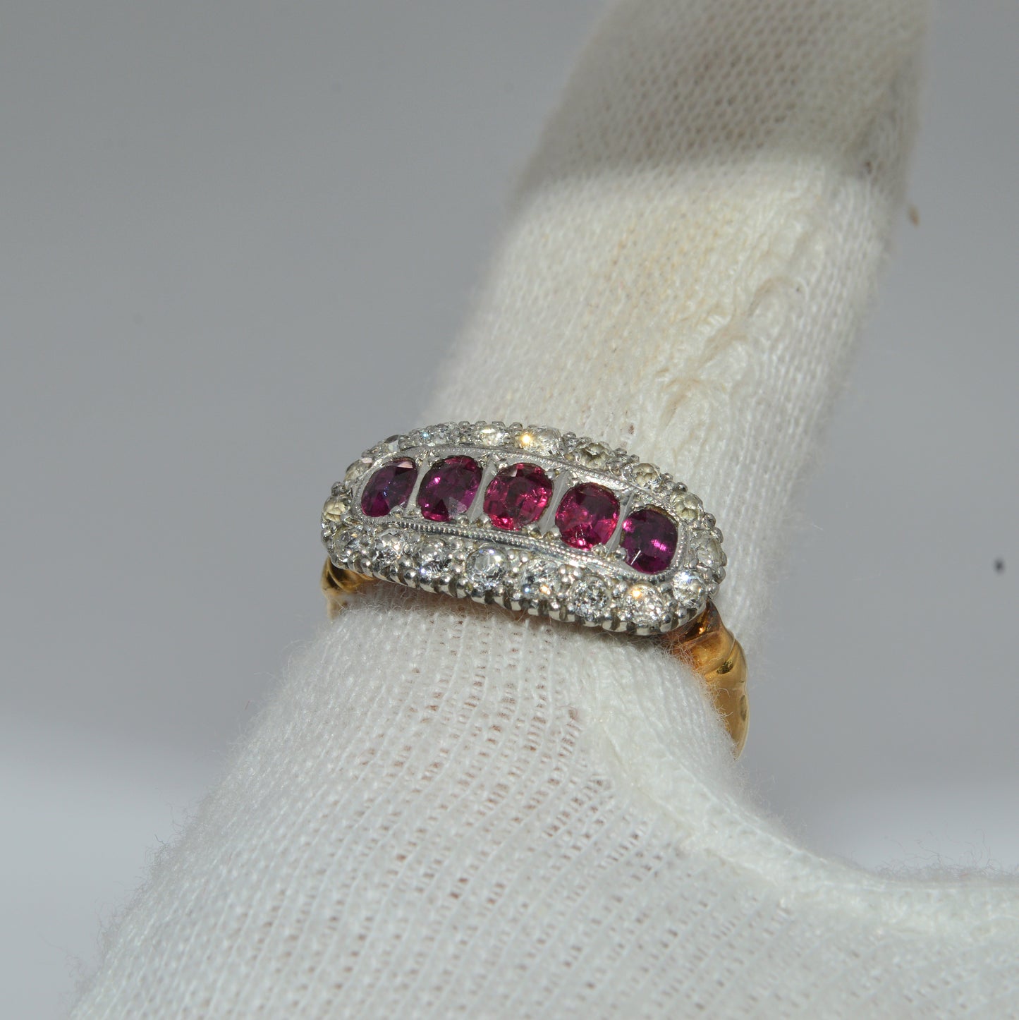 Edwardian Era - Antique 1908 - 18ct Gold Ruby & Diamond Ring finger rear on