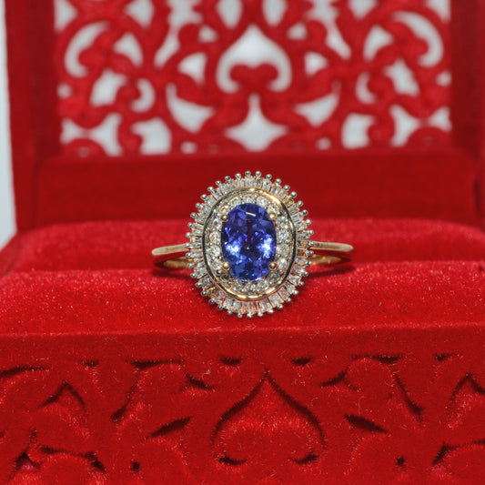 9ct Gold - Tanzanite & Baguette Diamond Cluster Ring front
