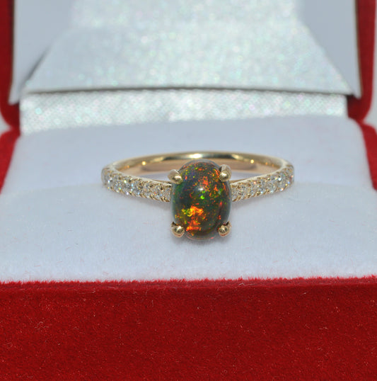 9ct Gold - Ethiopian Black Opal & Diamond Ring front