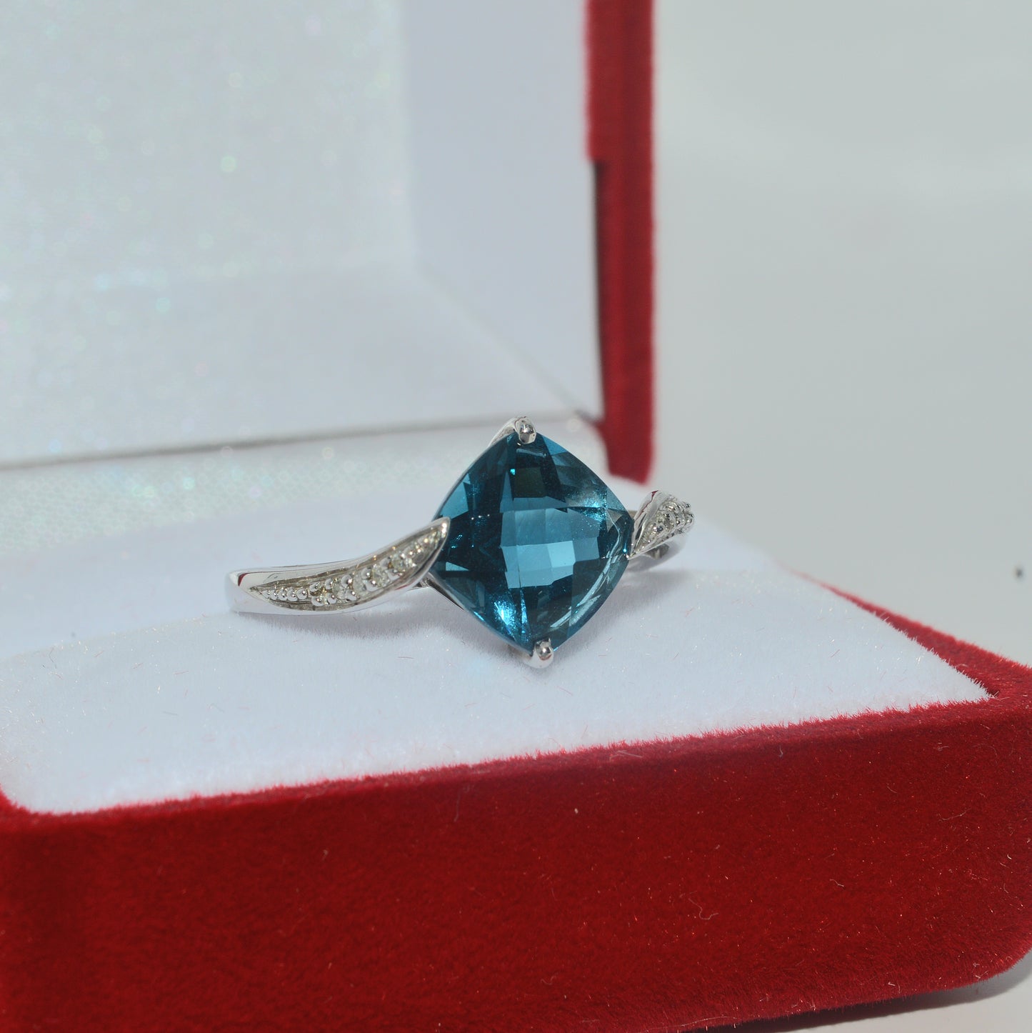 9ct White Gold - Blue Topaz & Diamond Ring right tilt