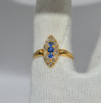 19th Century - 18ct Gold Sapphire & Diamond Navette Ring finger top down