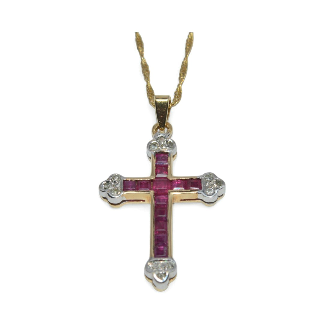 9ct Gold - Pink Sapphire & Diamond Cross Necklace front