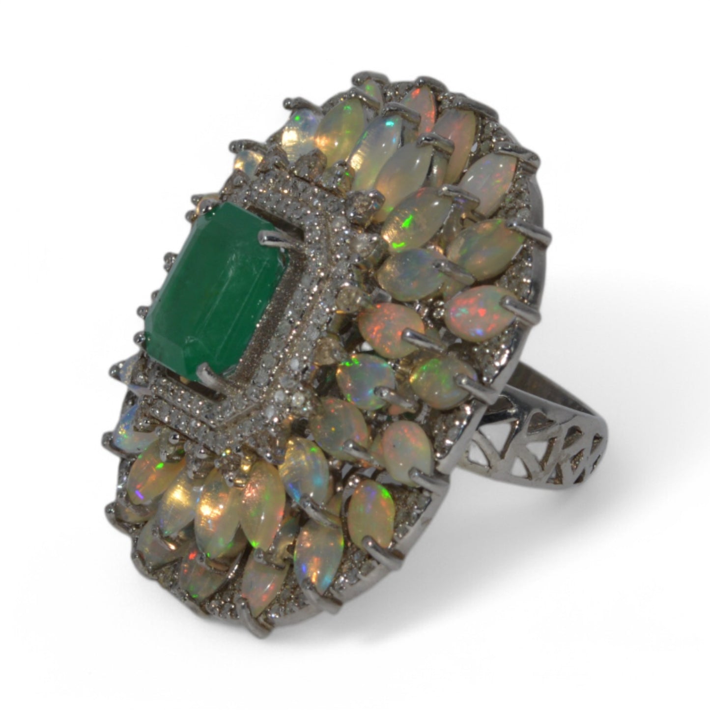 Silver - Emerald, Opal & Diamond Cocktail Ring, 925 Handmade left