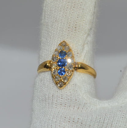 19th Century - 18ct Gold Sapphire & Diamond Navette Ring finger 1