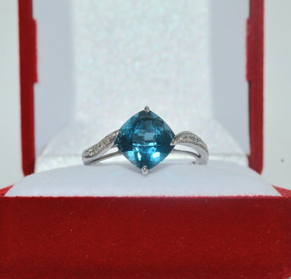 9ct White Gold - Blue Topaz & Diamond Ring front 2