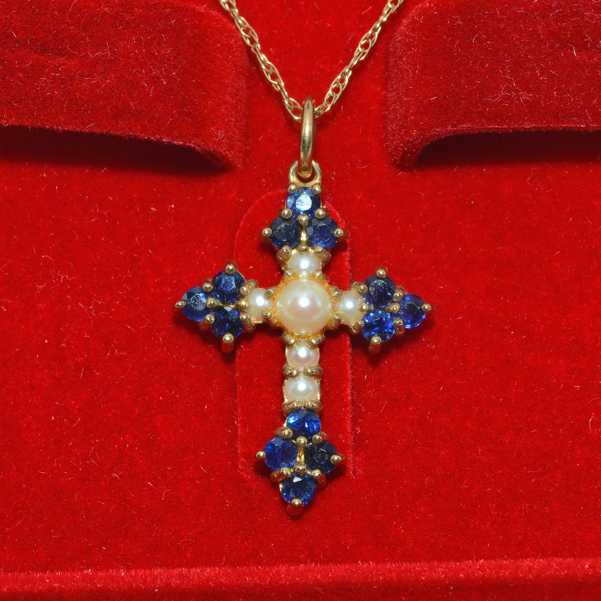 9ct Gold - Sapphire & Pearl Cross Necklace box close