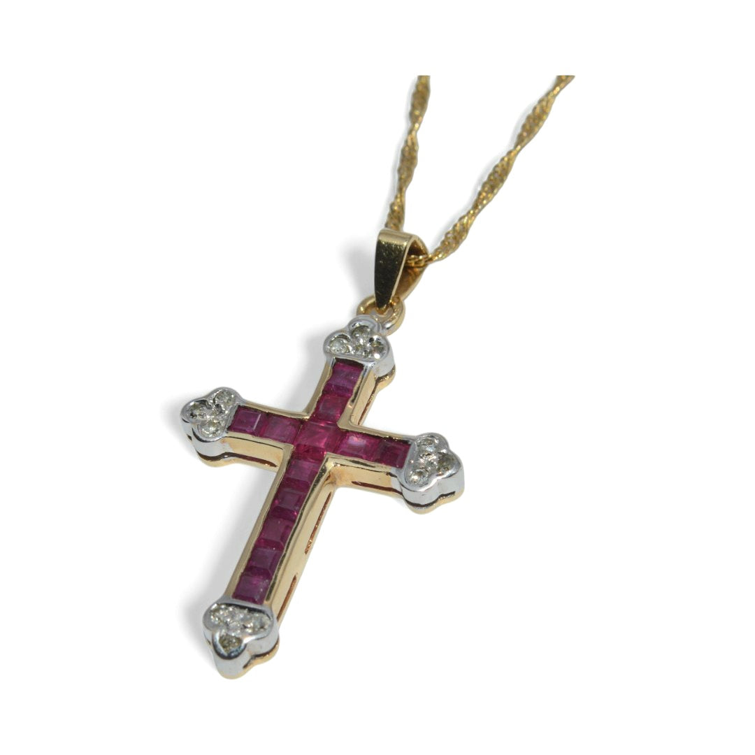 9ct Gold - Pink Sapphire & Diamond Cross Necklace left