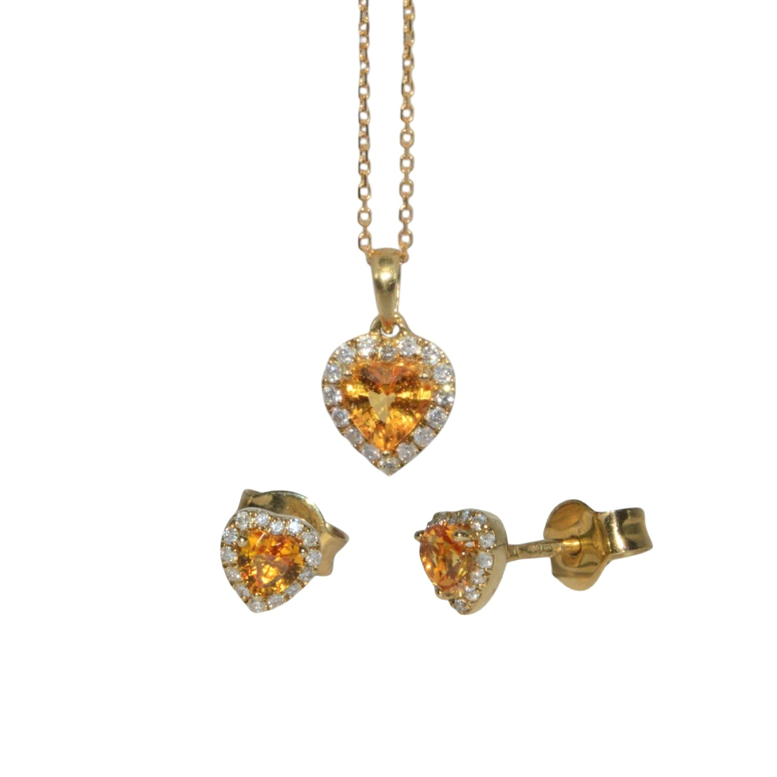 9ct Gold - Heart Cut - Orange Sapphire & Diamond Necklace & Earring Set all 3