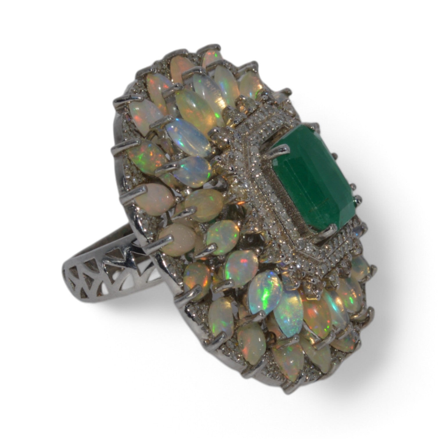 Silver - Emerald, Opal & Diamond Cocktail Ring, 925 Handmade right