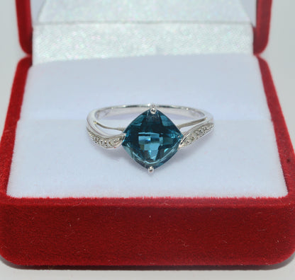 9ct White Gold - Blue Topaz & Diamond Ring top down