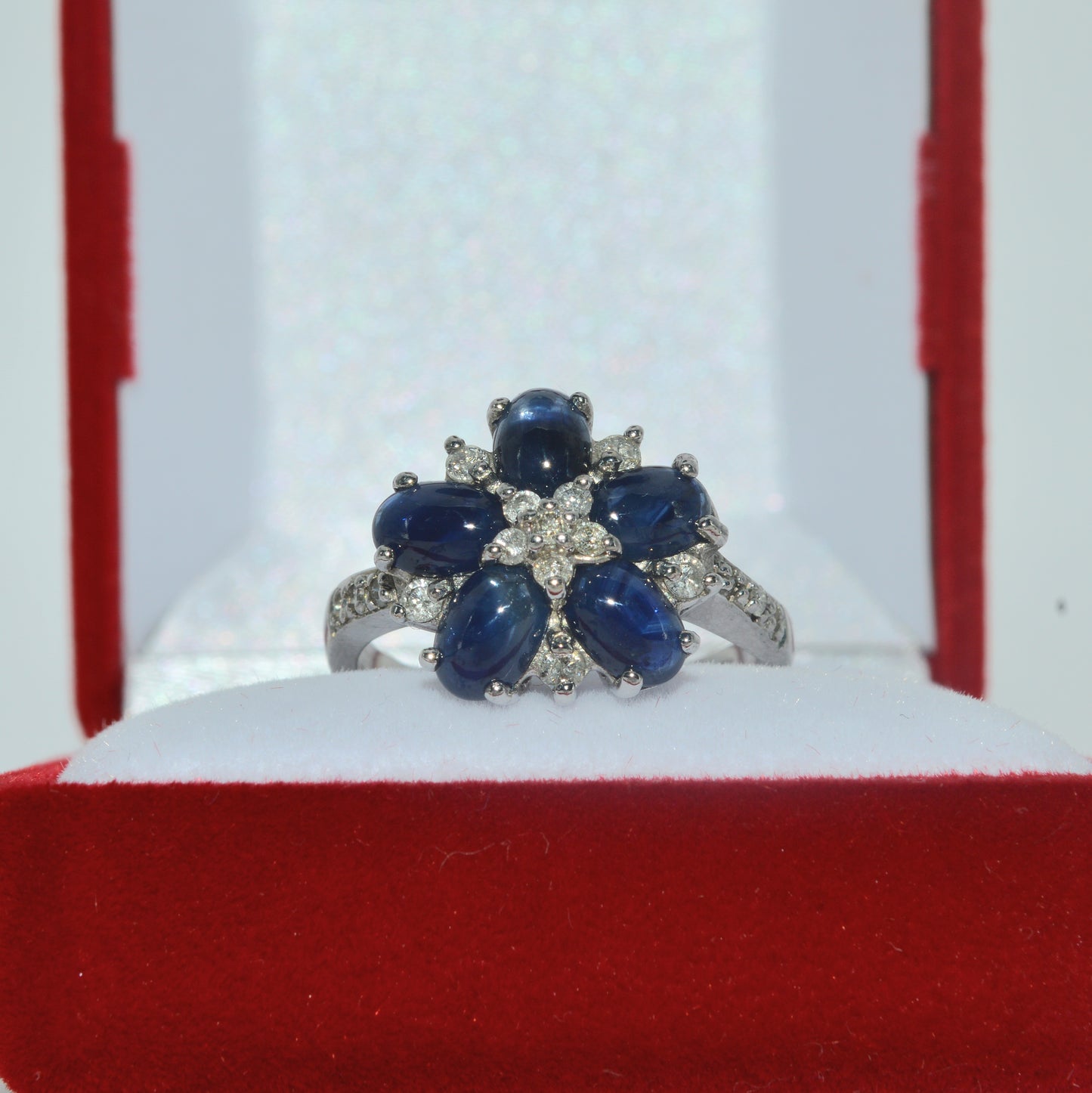 2005 - 9ct White Gold - Sapphire Cabochon & Diamond Cluster Ring front up