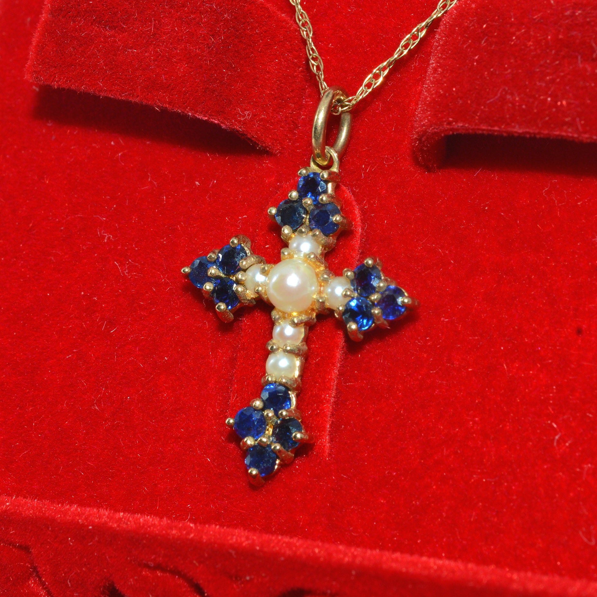 9ct Gold - Sapphire & Pearl Cross Necklace box left on