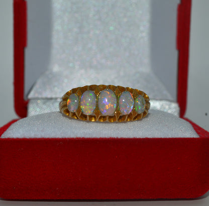 Edwardian Era - Antique 1905 - 18ct Gold - Opal 5 Stone Ring front 2