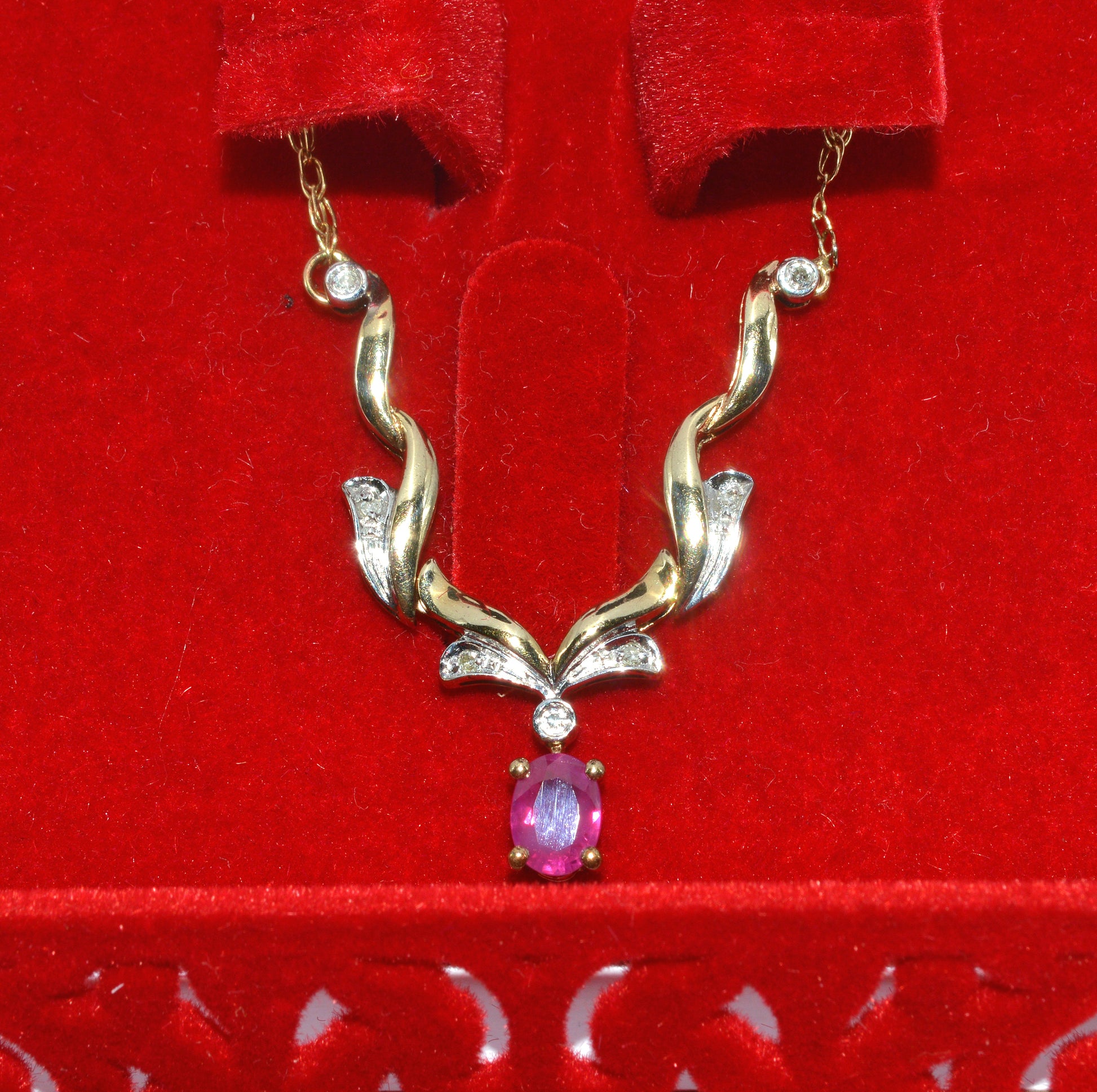 9ct Gold - Ruby & Diamond Lavaliere Necklace front box