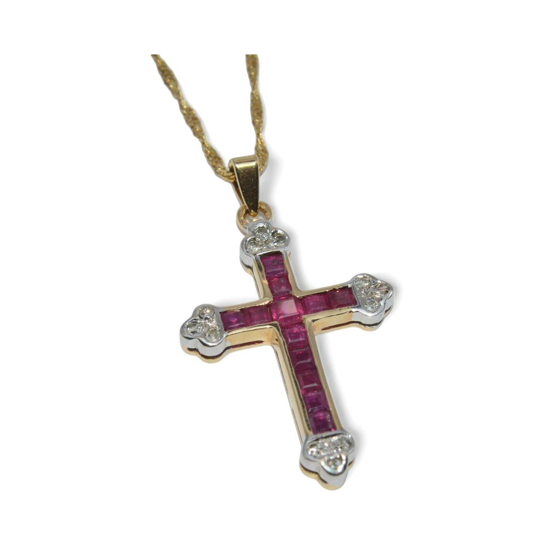 9ct Gold - Pink Sapphire & Diamond Cross Necklace right