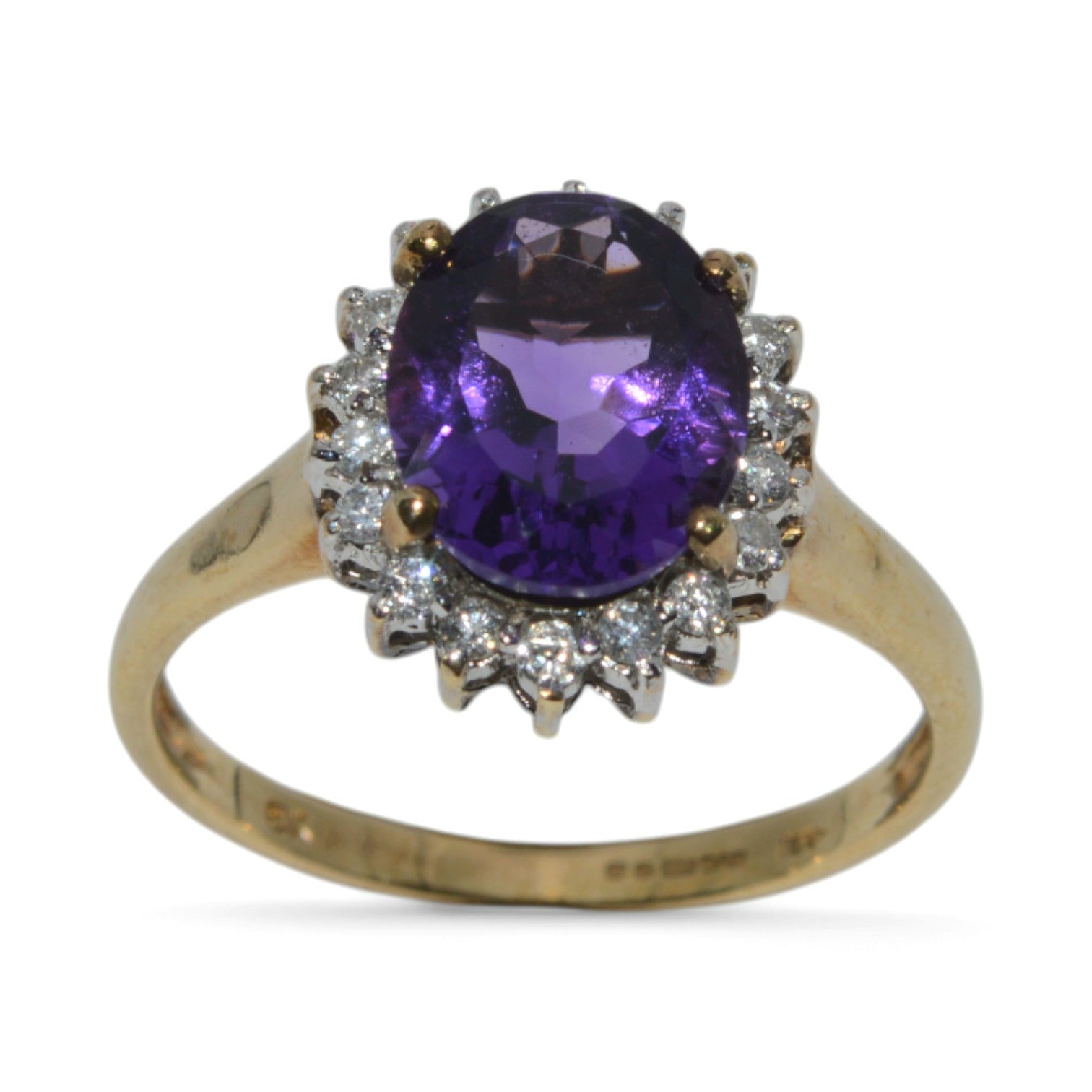 9ct Gold - Amethyst & Diamond Cluster Ring upright