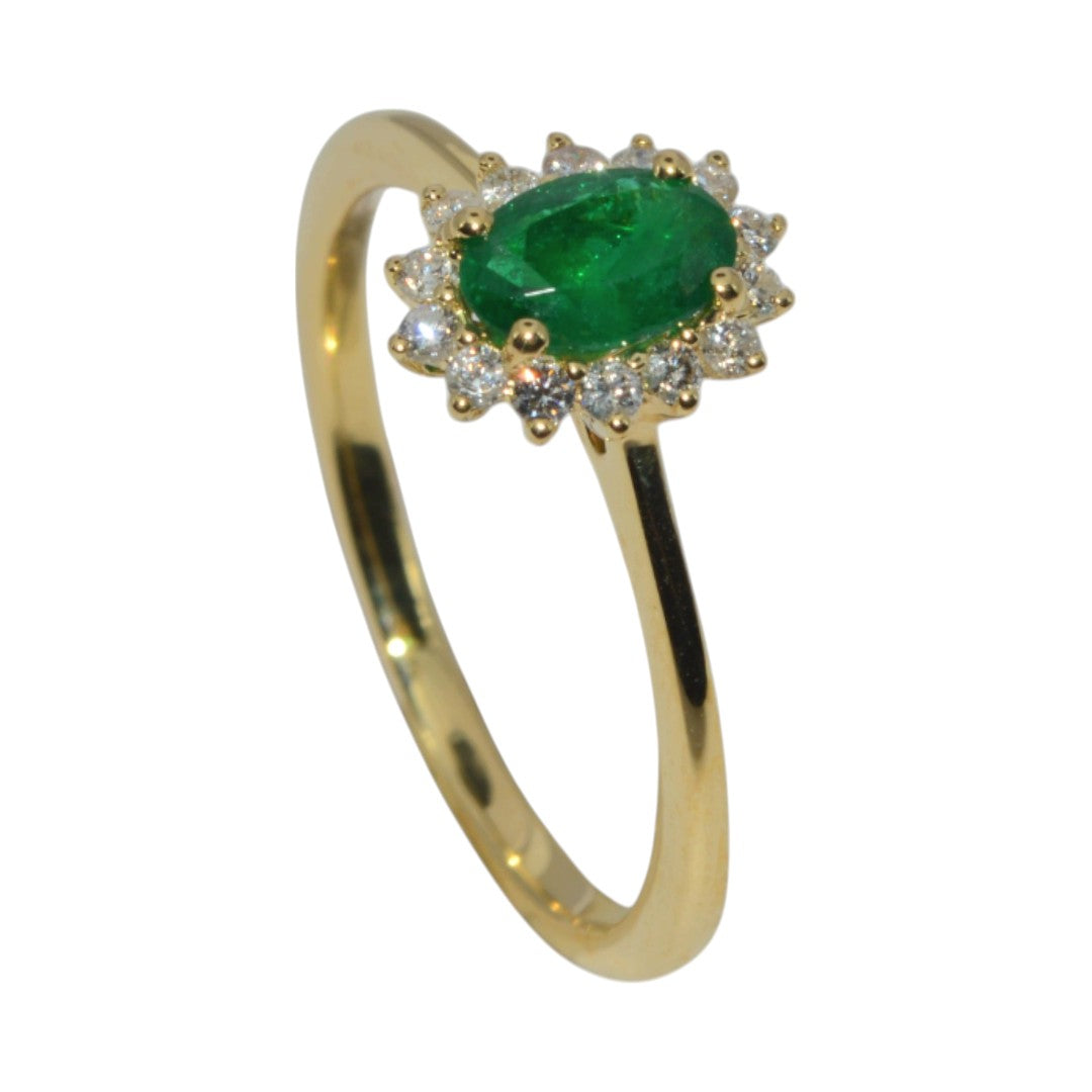 18ct Gold - Emerald & Diamond Cluster Ring upright side on