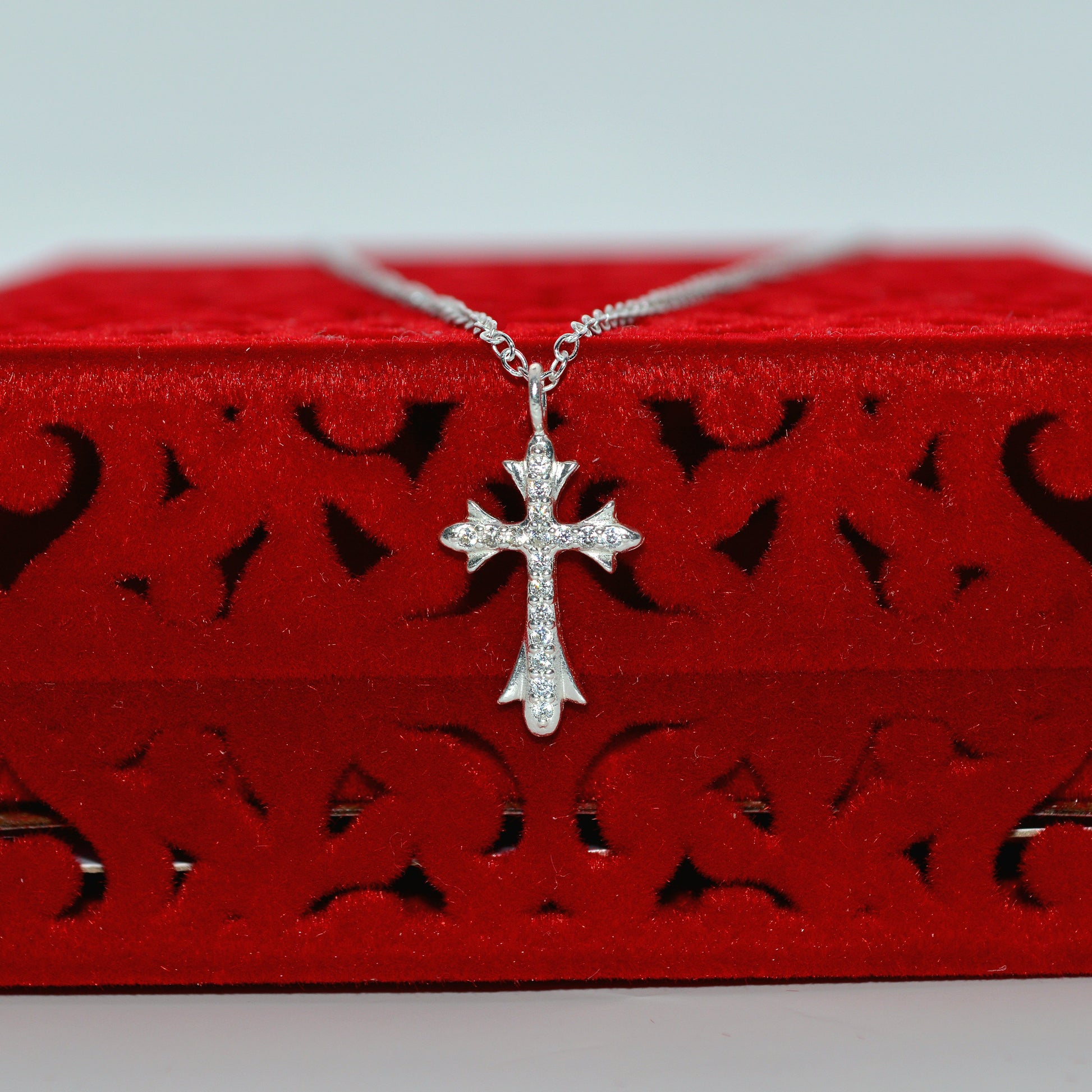 Sterling Silver - Cz Cross Necklace front on far outside