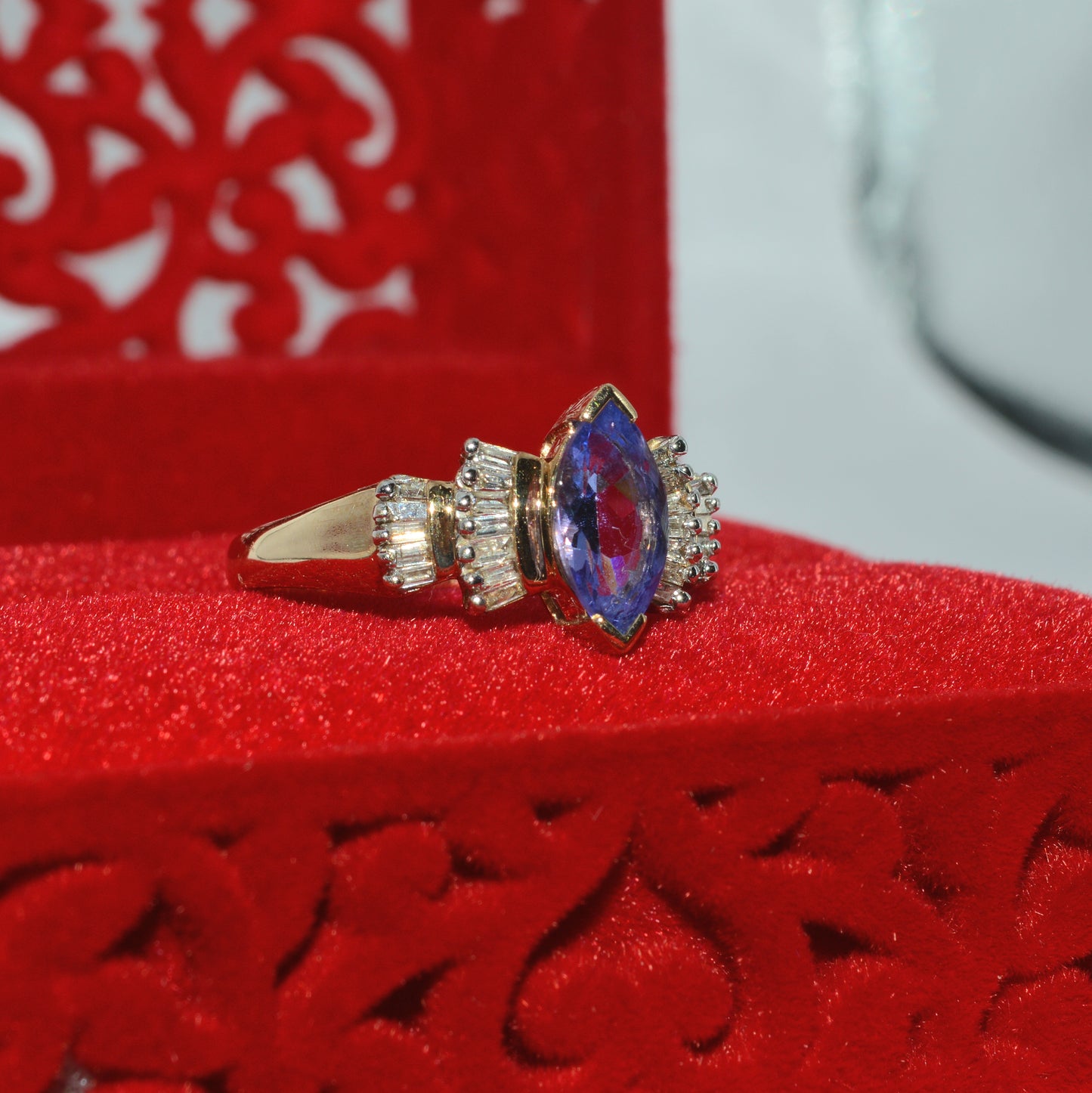 9ct Gold - Marquise Cut Tanzanite & Baguette Diamond Ring right