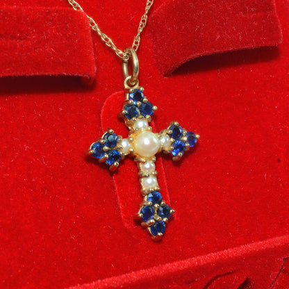 9ct Gold - Sapphire & Pearl Cross Necklace box right on