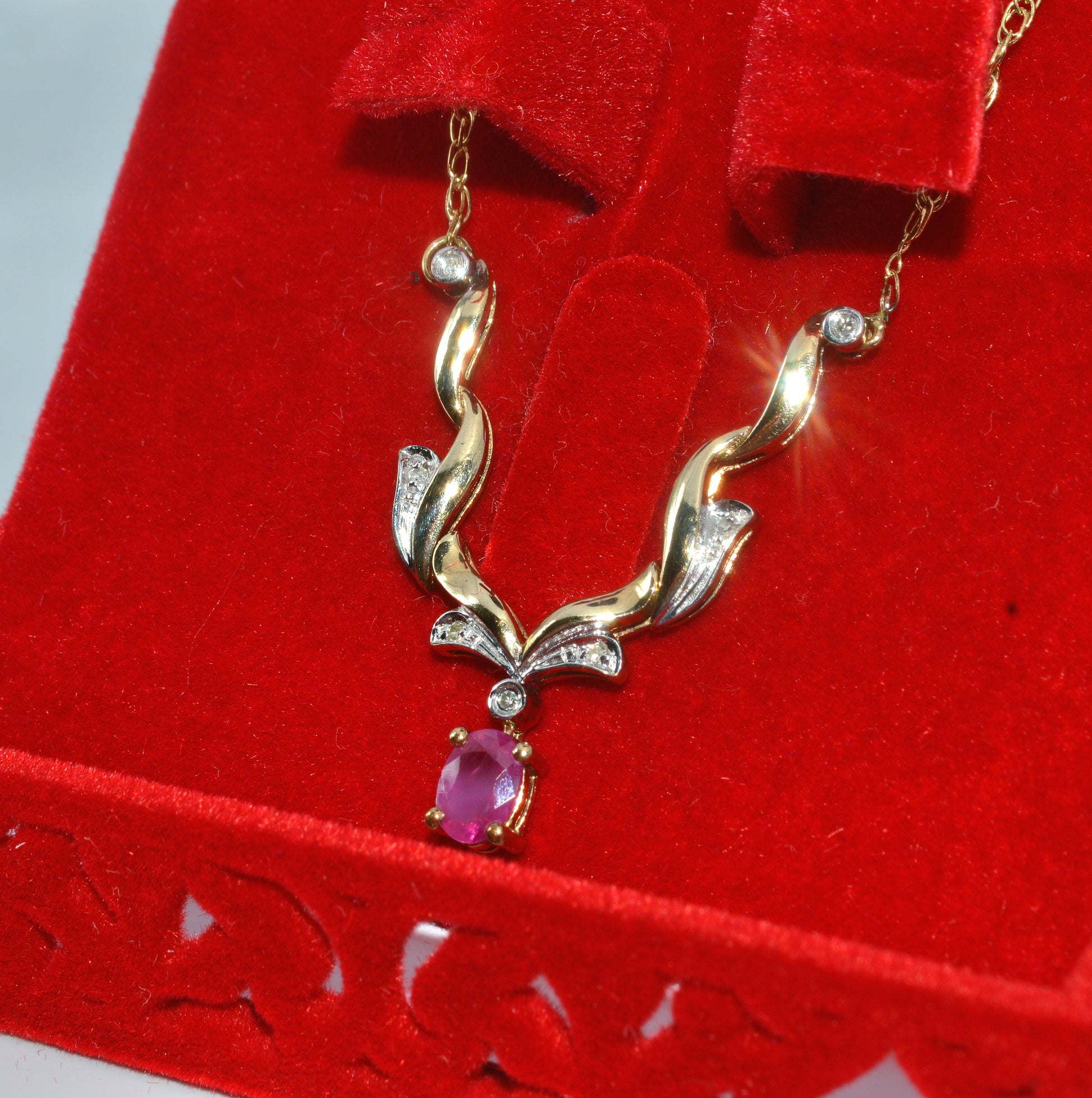 9ct Gold - Ruby & Diamond Lavaliere Necklace left box