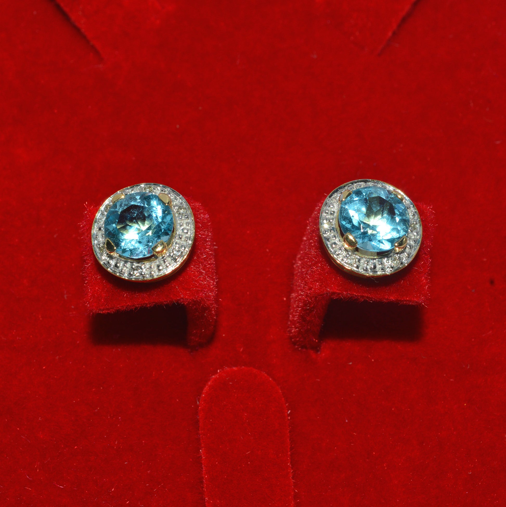 9ct Gold -Swiss Blue Topaz & Diamond Stud Earrings front