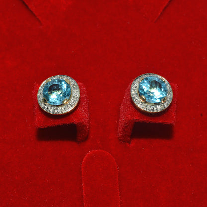 9ct Gold -Swiss Blue Topaz & Diamond Stud Earrings front