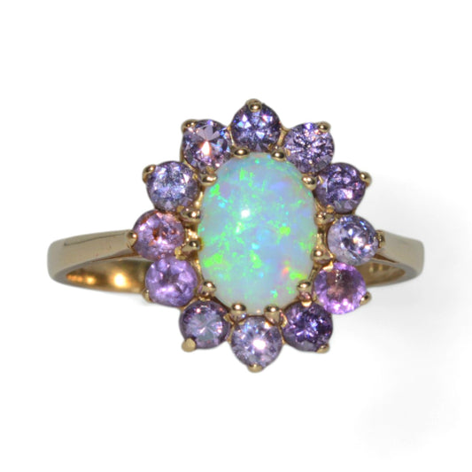 9ct Gold - Opal & Amethyst Cluster Ring front