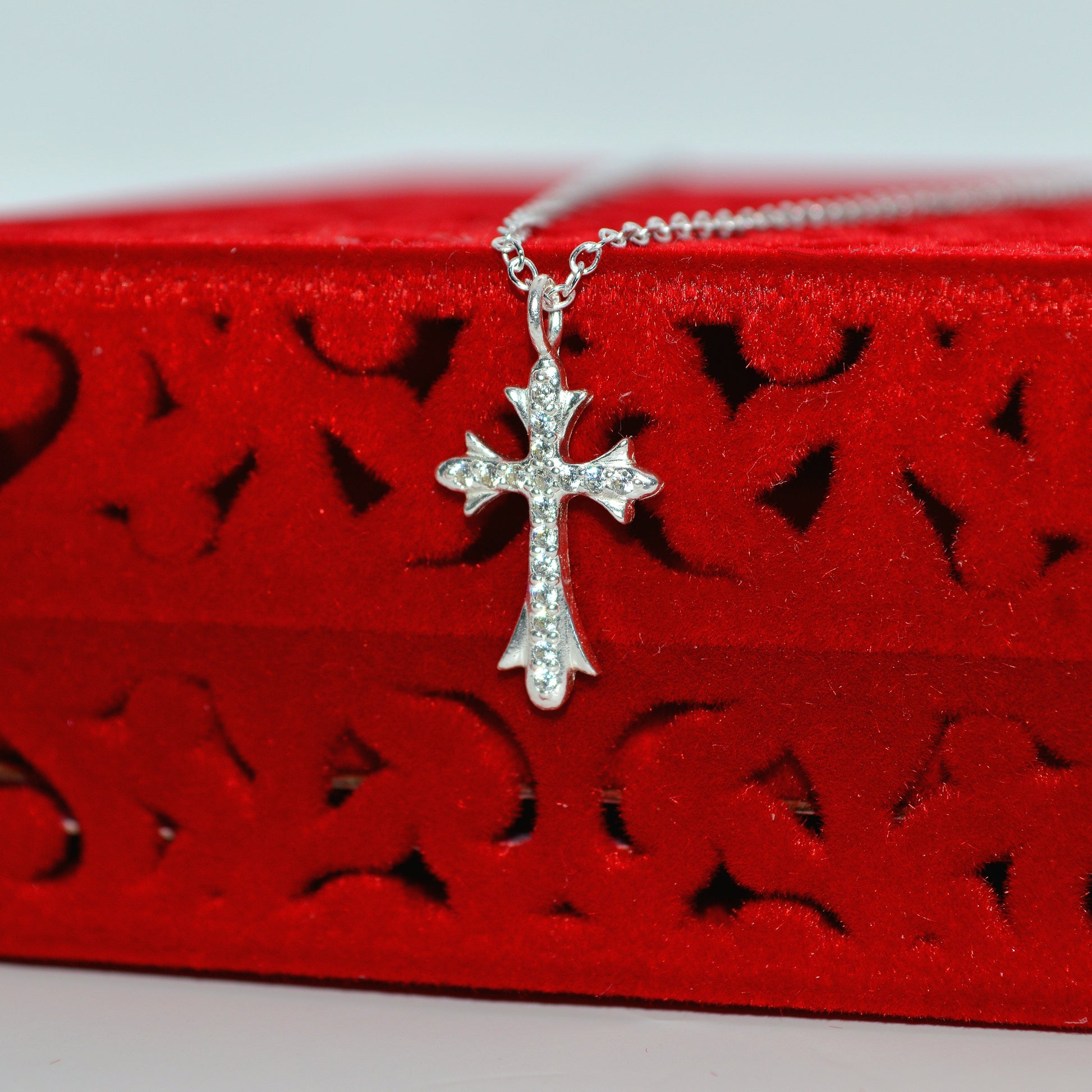 Sterling Silver - Cz Cross Necklace left tilt close outside