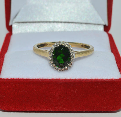 9ct Gold - Chrome Diopside & Diamond Cluster Ring top front