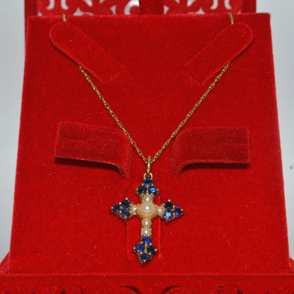 9ct Gold - Sapphire & Pearl Cross Necklace box far