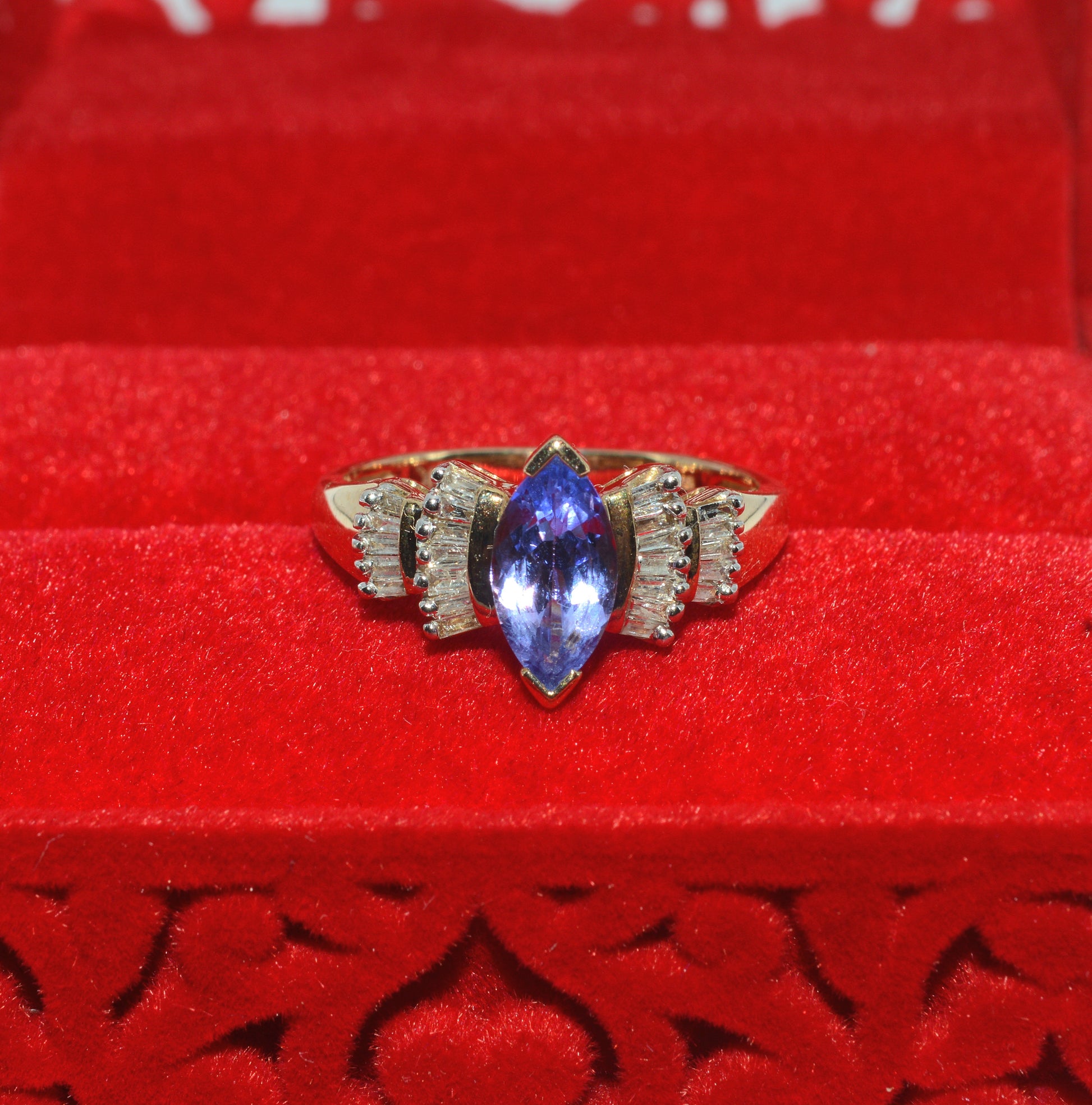 9ct Gold - Marquise Cut Tanzanite & Baguette Diamond Ring top dwn