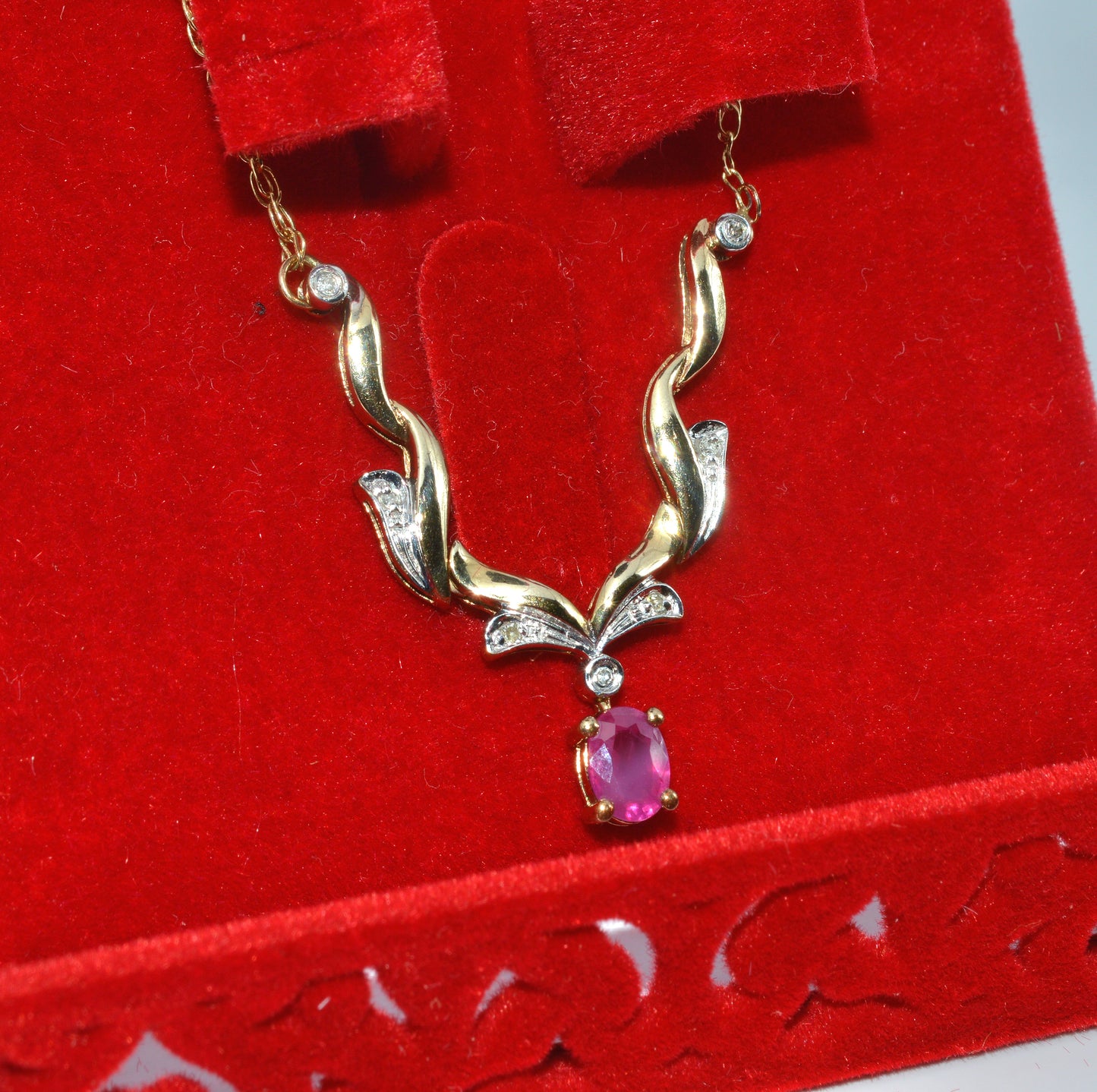 9ct Gold - Ruby & Diamond Lavaliere Necklace right box