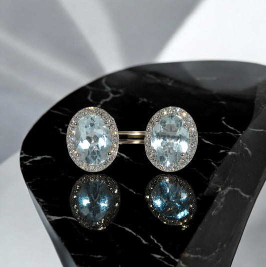 18ct White Gold - 2ct Aquamarine & Diamond Cluster Earrings front