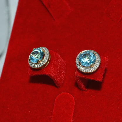 9ct Gold -Swiss Blue Topaz & Diamond Stud Earrings left 2