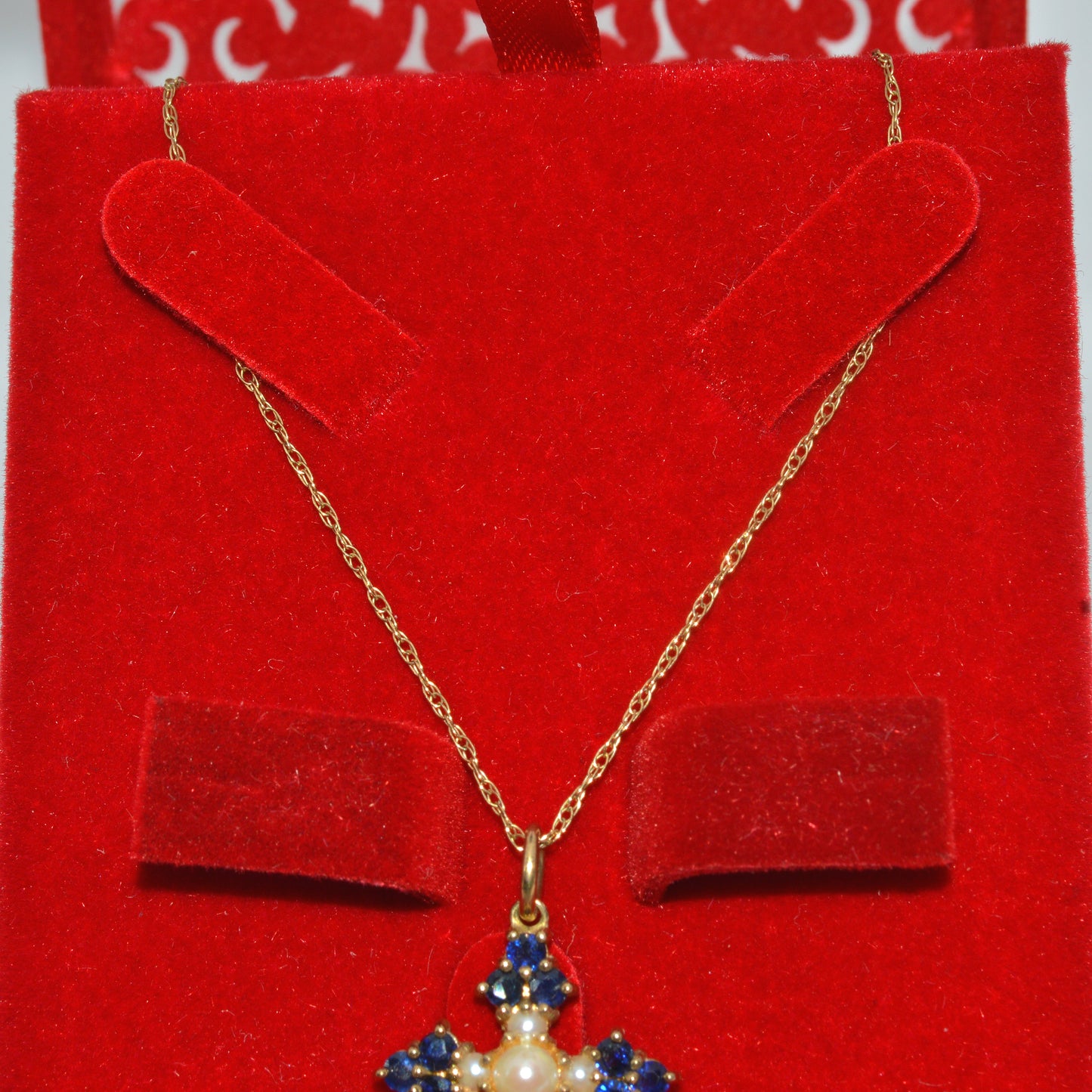 9ct Gold - Sapphire & Pearl Cross Necklace box chain