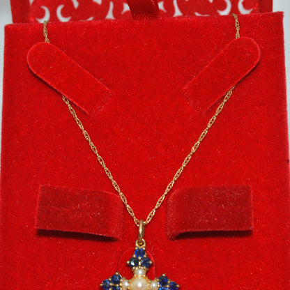 9ct Gold - Sapphire & Pearl Cross Necklace box chain