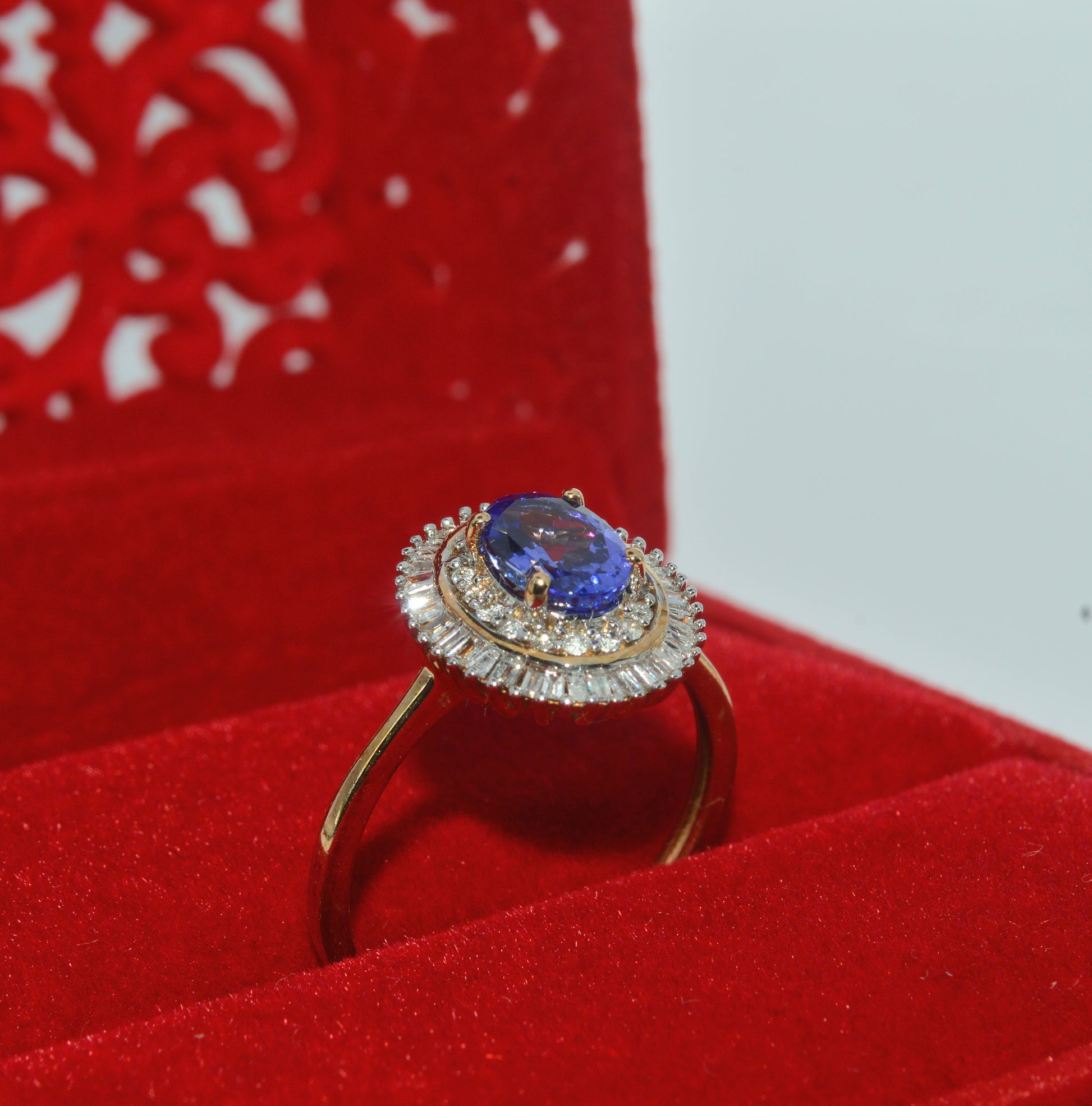 9ct Gold - Tanzanite & Baguette Diamond Cluster Ring upright right