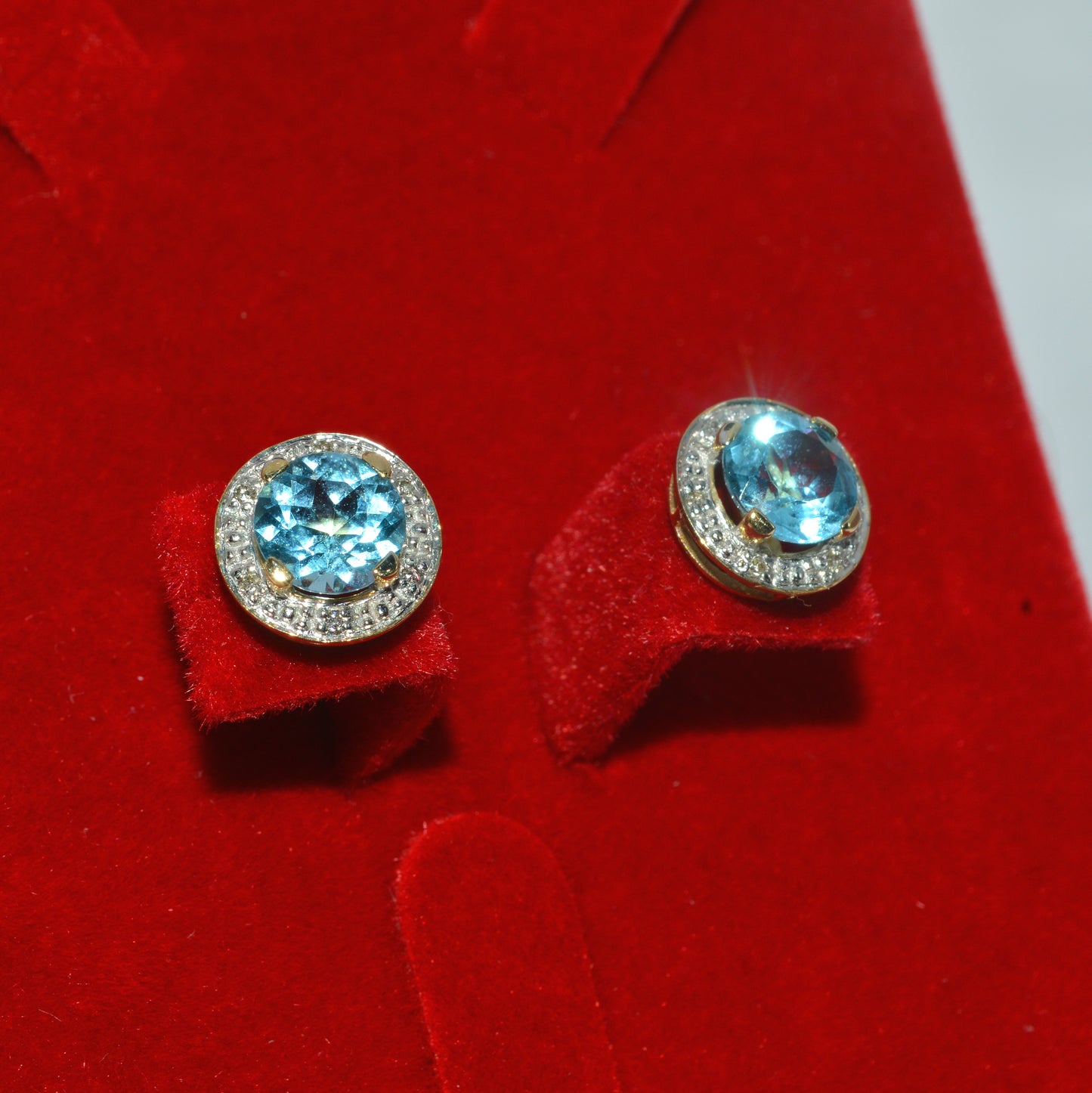 9ct Gold -Swiss Blue Topaz & Diamond Stud Earrings left